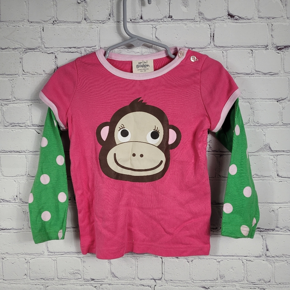 Mini Boden Pink Green Polka Dot Long Sleeve Jersey Kids T-Shirt